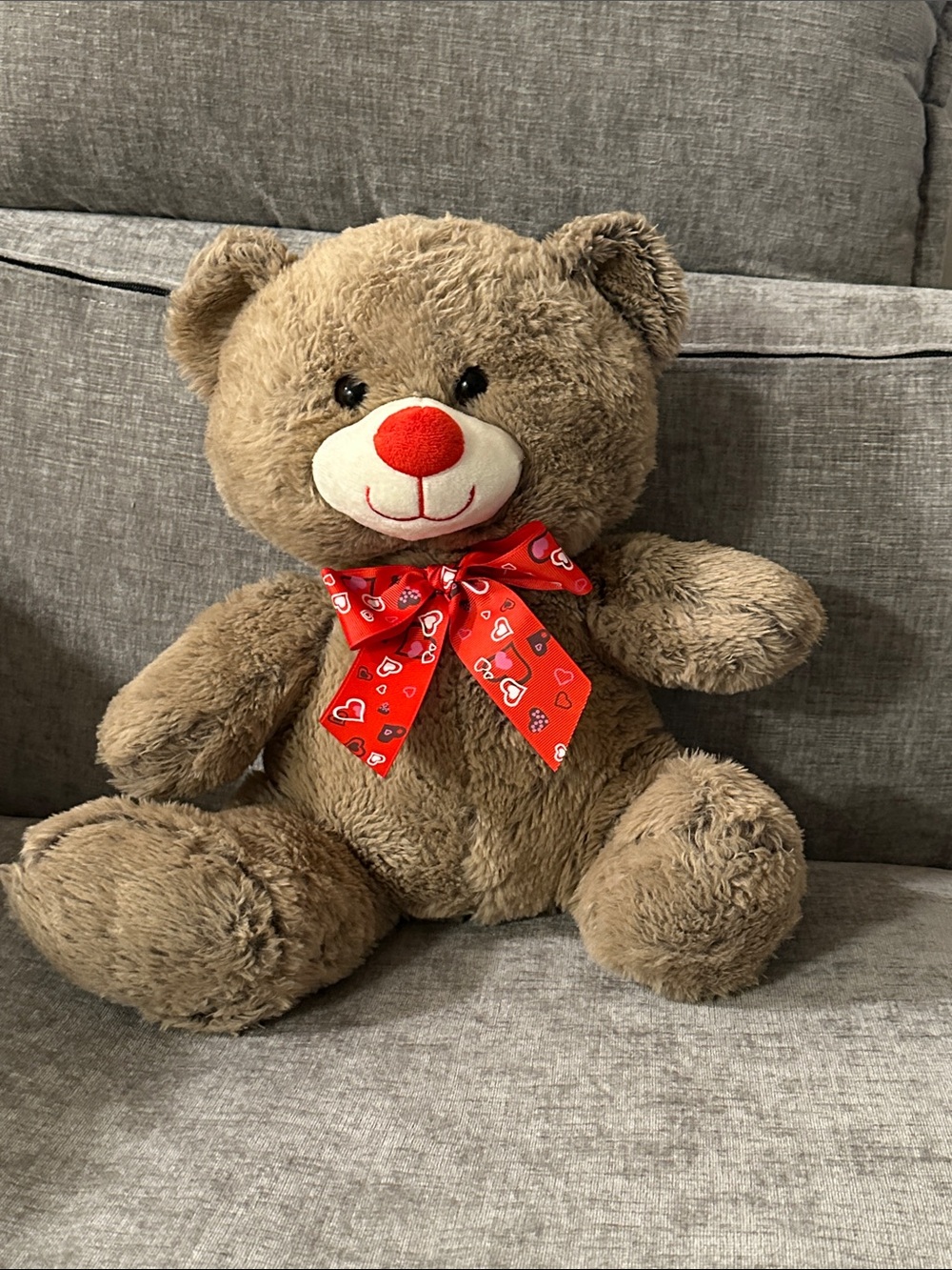 Plush Brown Teddy Bear with Red Bow - Soft Cuddly Kids Toy